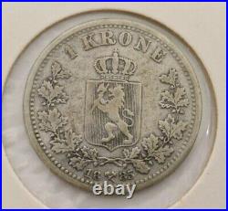 1 Krone Antique Silver Coin Norway 1885 Norwegian Oscar II 19