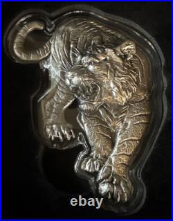 1 oz 2025 South Korean Tiger. 999! Silver Antiqued High Relief Tiger Shaped