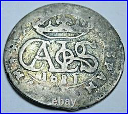 1681 Spanish Silver 1 Reales Charles II Genuine Antique 1600s Rare Colonial Coin