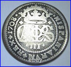 1708 Spanish Silver 2 Reales Genuine Antique 1700s Two Bits Pirate Treasure Coin