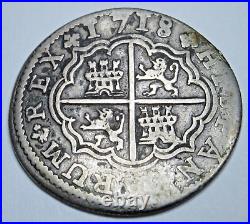 1718 Spanish Silver 2 Reales Antique 1700's Colonial Two Bits Pirate Cross Coin