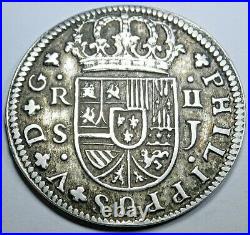 1725 Spanish Silver 2 Reales Antique 1700's Colonial Cross Pirate Treasure Coin