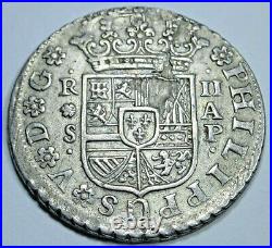 1736 XF-AU Spanish Silver 2 Reales Antique 1700's Colonial Two Bits Pirate Coin
