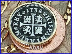 1738 Silver Spanish treasure coin pendant 24 Gold Filled Chain w COA & Box