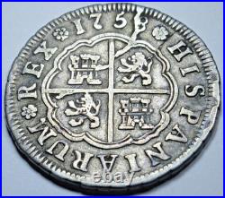 1758 XF-AU Spanish 2 Reales Genuine Antique 1700's Colonial Cross Pirate Coin