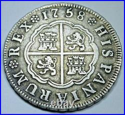 1758 XF-AU Spanish Silver 2 Reales Antique 1700's Old Colonial Cross Pirate Coin