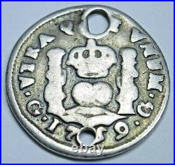 1759 Guatemala Silver 1/2 Reales Spanish Colonial Antique 1700's Columnario Coin
