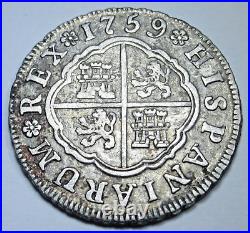 1759 Spanish Silver 2 Reales Antique 1700's Colonial Cross Pirate Treasure Coin