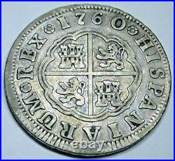 1760 Spanish Silver 2 Reales Antique VF-XF 1700's Colonial Two Bits Pirate Coin