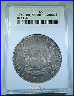 1760 XF-45 Mexico Silver 8 Reales Antique 1700's Old Colonial Pillar Dollar Coin