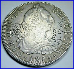 1774 Engraved June 29, 1786 Spanish Mexico Silver 8 Reales Antique Dollar Coin
