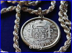 1792 Spanish Peruvian Reale silver Pirate coin 20 Sterling Rope chain COA
