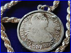1792 Spanish Peruvian Reale silver Pirate coin 20 Sterling Rope chain COA