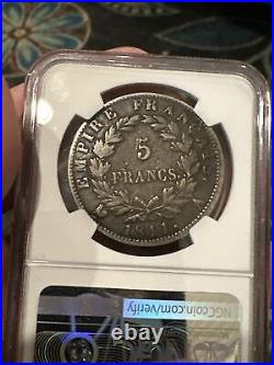 1811 A FRANCE Napoleon Bonaparte Antique Silver 5 Franc French Coin NGC F15