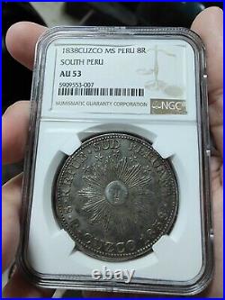 1838 South peru 8 reales Cuzco MS NGC AU53 Antique Silver Coin