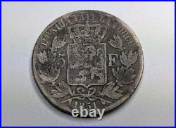 1851 BELGIUM King Leopold I VINTAGE ANTIQUE Silver 5 Francs Belgian Coin