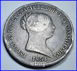 1854 Spanish Silver 20 Reales Genuine Antique 1800's Spain 20R Isabel Coin