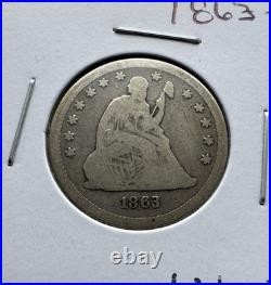 1863 Seated Liberty 25c Rare Date VG-F Nice Antique Tone Great Coin