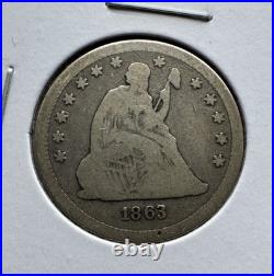 1863 Seated Liberty 25c Rare Date VG-F Nice Antique Tone Great Coin