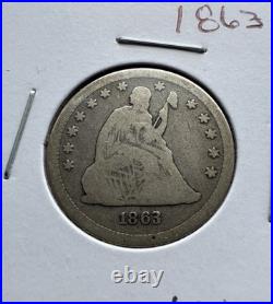 1863 Seated Liberty 25c Rare Date VG-F Nice Antique Tone Great Coin