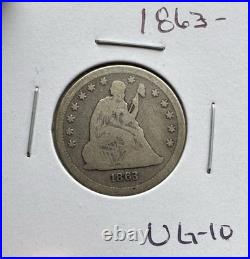 1863 Seated Liberty 25c Rare Date VG-F Nice Antique Tone Great Coin