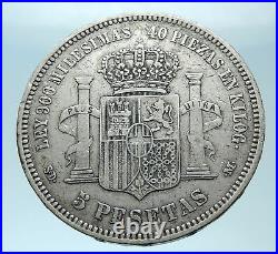 1871 SPAIN w King Amadeo I Amadeus Antique Silver 5 Pesetas Spanish Coin i77898