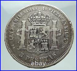 1875 SPAIN w King ALFONSO XII Antique Silver 5 Pesetas SPANISH Coin i74761