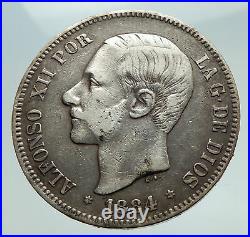 1884 SPAIN w King ALFONSO XII Antique Silver 5 Pesetas SPANISH Coin i74757