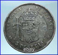1888 SPAIN with Spanish King ALFONSO XIII Antique Silver 5 Pesetas Coin i77890