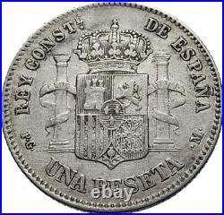 1891 SPAIN Antique Silver 1 Peseta Coin Spanish King ALFONSO XIII i71862