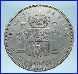 1894 SPAIN with Spanish King ALFONSO XIII Antique Silver 5 Pesetas Coin i77925
