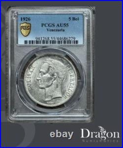 1926 Venezuela 5 Bolívares Antique Silver Coin Au 55 0.900 Pcgs