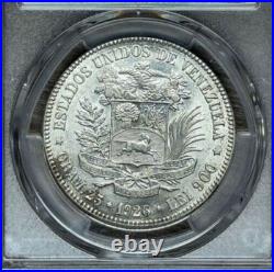 1926 Venezuela 5 Bolívares Antique Silver Coin Au 55 0.900 Pcgs