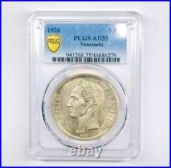 1926 Venezuela 5 Bolívares Antique Silver Coin Au 55 0.900 Pcgs