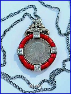 1935 Antique Russian Silver 84 Coral Pendant Chain Queen Jadwiga Poland Coin 19g