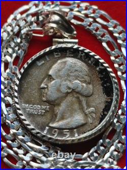 1951 US Antique Unique Silver 25c Coin Pendant on 18 925 Sterling Silver Chain