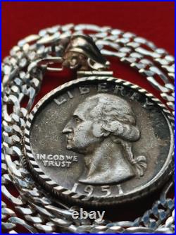 1951 US Antique Unique Silver 25c Coin Pendant on 18 925 Sterling Silver Chain