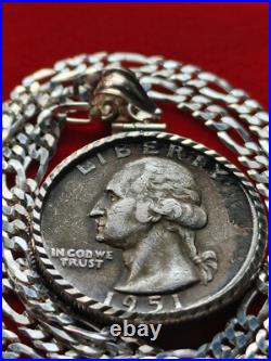 1951 US Antique Unique Silver 25c Coin Pendant on 18 925 Sterling Silver Chain