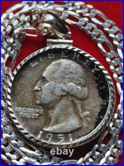 1951 US Antique Unique Silver 25c Coin Pendant on 18 925 Sterling Silver Chain
