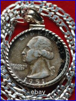 1951 US Antique Unique Silver 25c Coin Pendant on 18 925 Sterling Silver Chain