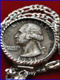 1951 US Antique Unique Silver 25c Coin Pendant on 18 925 Sterling Silver Chain
