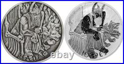 2-COIN DUAL SET 2021 Tuvalu Gods Of Olympus Hades 1 oz Silver Antiqued & BU NICE