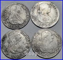 2 Reales 1805 1806 1808 Carolus IIII Rare Lot Of 4 Antique Colonial Silver Coins