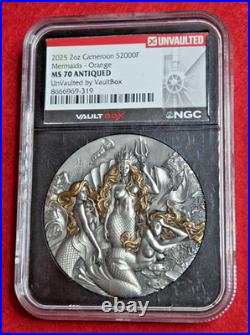 2 oz Silver Mermaids Orange Antiqued 2025 Cameroon S2000F NGC MS70 Vaultbox