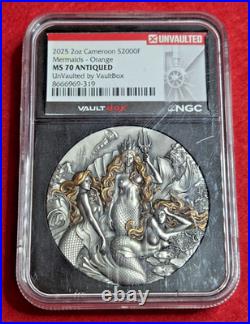 2 oz Silver Mermaids Orange Antiqued 2025 Cameroon S2000F NGC MS70 Vaultbox