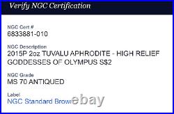 2015-P Tuvalu 2 oz S$2 Ag Goddesses of Olympus Aphrodite HR NGC MS 70 Antiqued