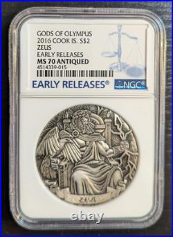 2016 Cook Islands 2oz. 999 Silver Gods of Olympus, ZEUS NGC MS70 Antiqued ER