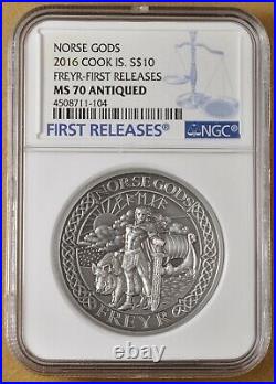2016 Cook Islands Silver $10 Norse Gods Freyr NGC MS 70 Antiqued