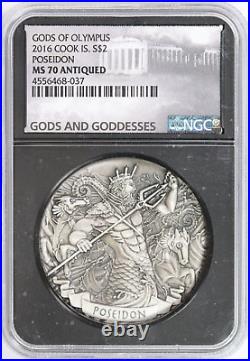 2016 NGC$2 Gods Olympus POSEIDON 2 oz 999 Silver Coin High Relief MS70 Antiqued