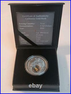 2016 Niue $5 California Gold Rush 1 oz. 999 Silver Coin 24K Gold Leaf Box COA